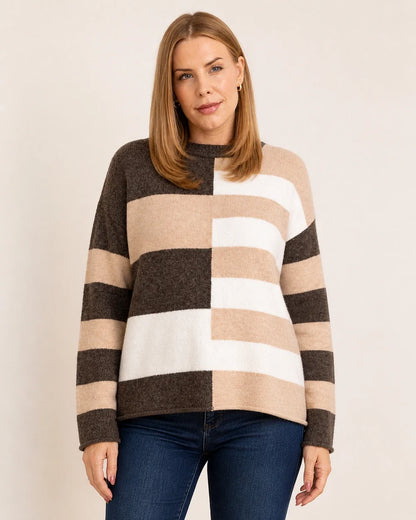 Women's taupe colour-block stripe sweater, product-first worn front view