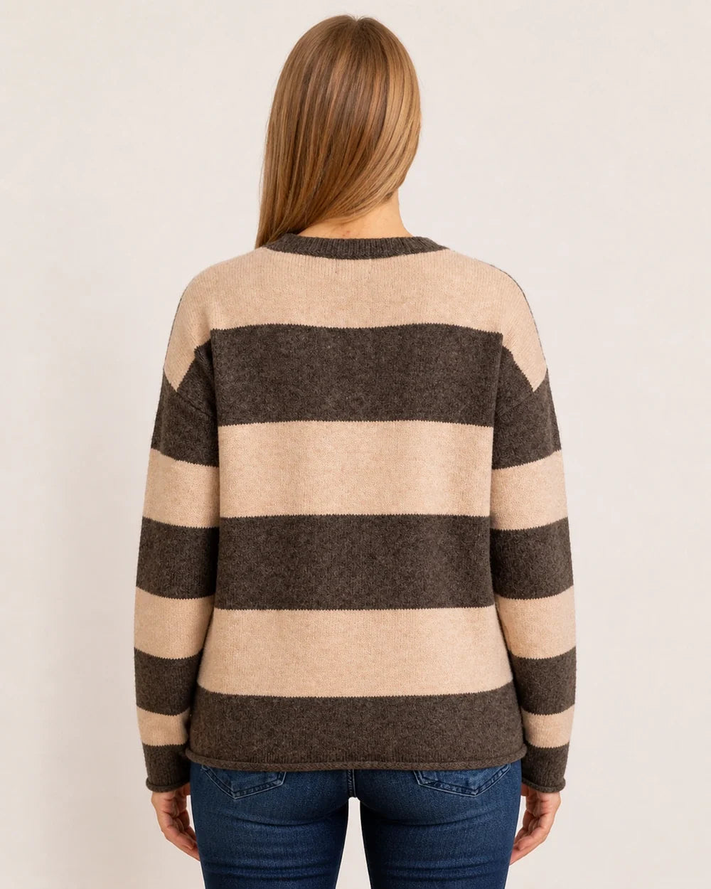 Women's taupe colour-block stripe sweater, true back view