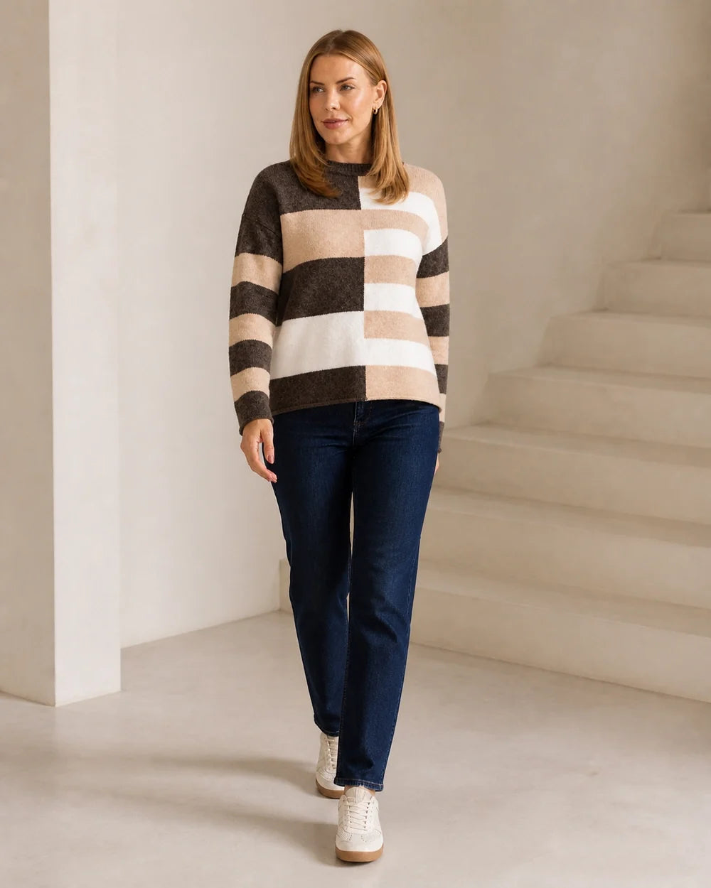 Women's taupe colour-block stripe sweater, walking lifestyle view