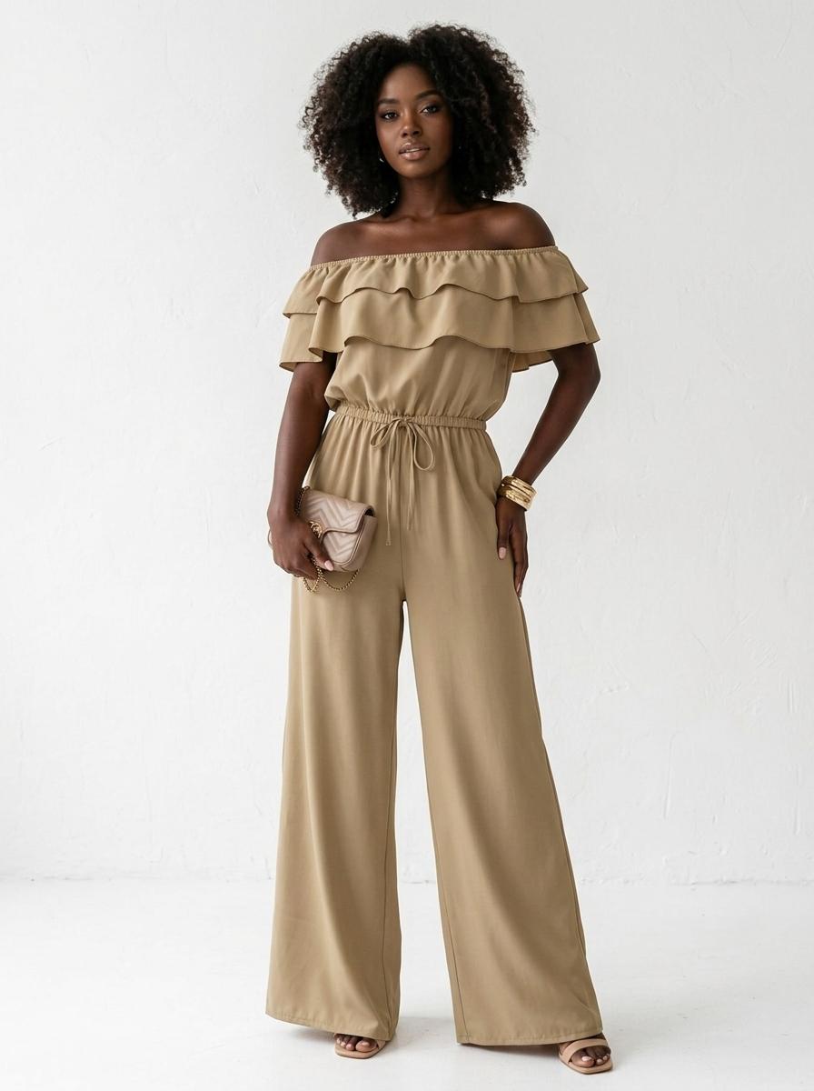 Khaki off-shoulder ruffle jumpsuit - Studio