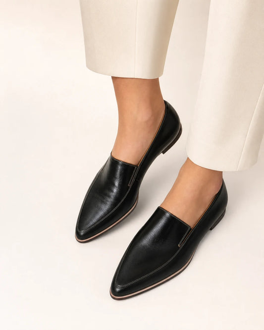 Momount Women Pointed-Toe Loafers – Leather Slip-On Soft Flat Minimalist — pointed-toe-loafers-leather-slip-on-soft-flat-minimalist-black-01-worn-hero.webp
