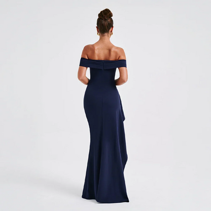 Daniela | Sukienka Maxi Elegancka Odkryte Ramiona Marszczona Rozcięcie Wieczorowa