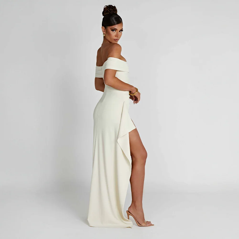 Daniela | Sukienka Maxi Elegancka Odkryte Ramiona Marszczona Rozcięcie Wieczorowa