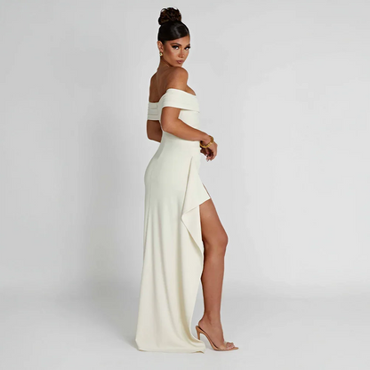 Daniela | Sukienka Maxi Elegancka Odkryte Ramiona Marszczona Rozcięcie Wieczorowa
