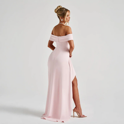 Daniela | Sukienka Maxi Elegancka Odkryte Ramiona Marszczona Rozcięcie Wieczorowa