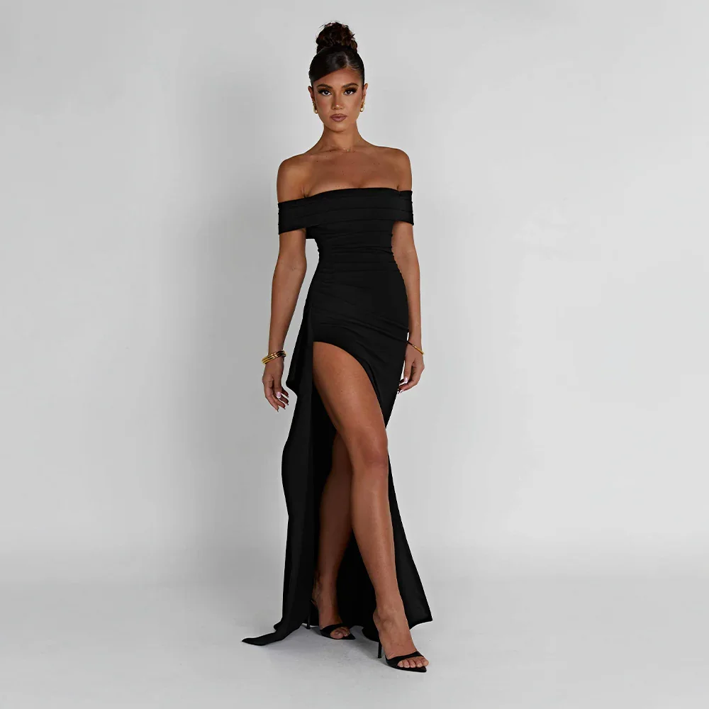 Daniela | Sukienka Maxi Elegancka Odkryte Ramiona Marszczona Rozcięcie Wieczorowa