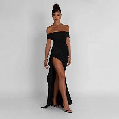 Daniela | Sukienka Maxi Elegancka Odkryte Ramiona Marszczona Rozcięcie Wieczorowa