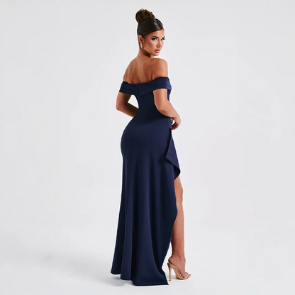 Daniela | Sukienka Maxi Elegancka Odkryte Ramiona Marszczona Rozcięcie Wieczorowa