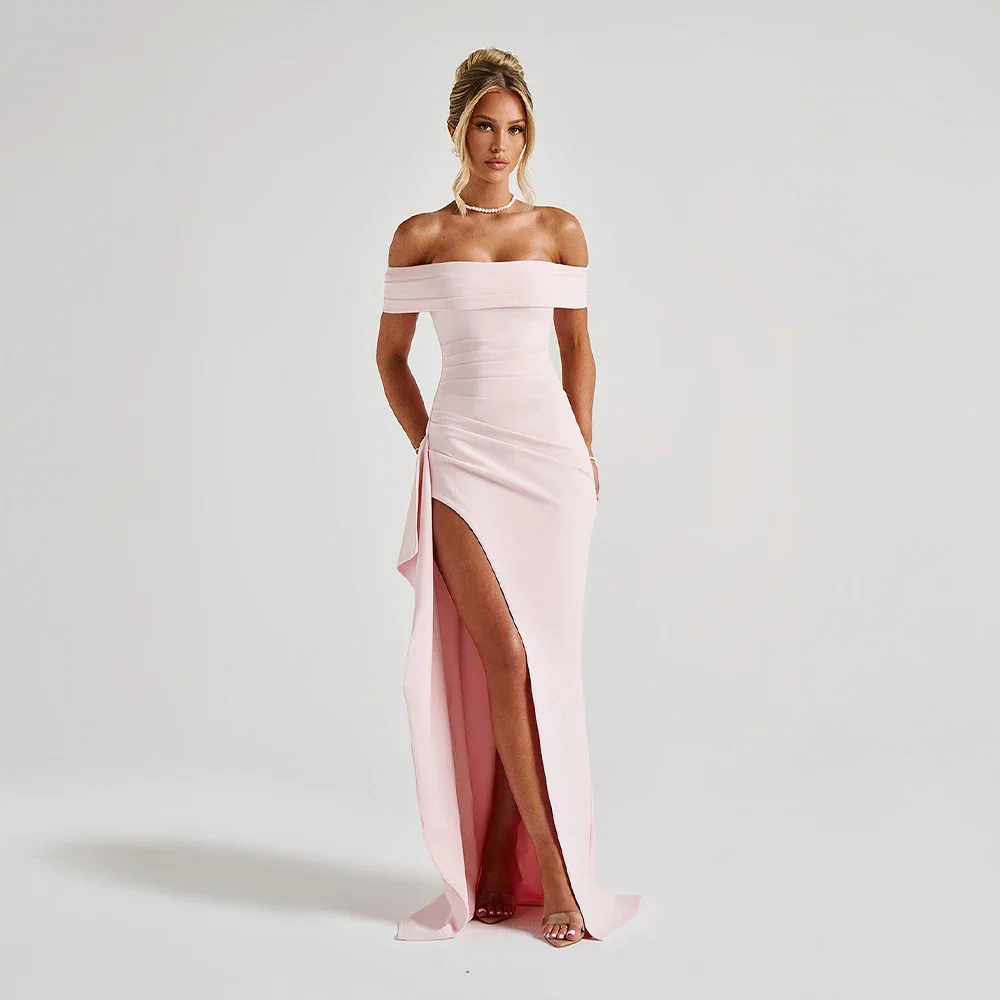 Daniela | Sukienka Maxi Elegancka Odkryte Ramiona Marszczona Rozcięcie Wieczorowa