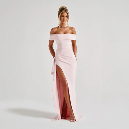 Daniela | Sukienka Maxi Elegancka Odkryte Ramiona Marszczona Rozcięcie Wieczorowa