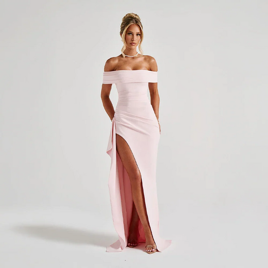 Daniela | Sukienka Maxi Elegancka Odkryte Ramiona Marszczona Rozcięcie Wieczorowa