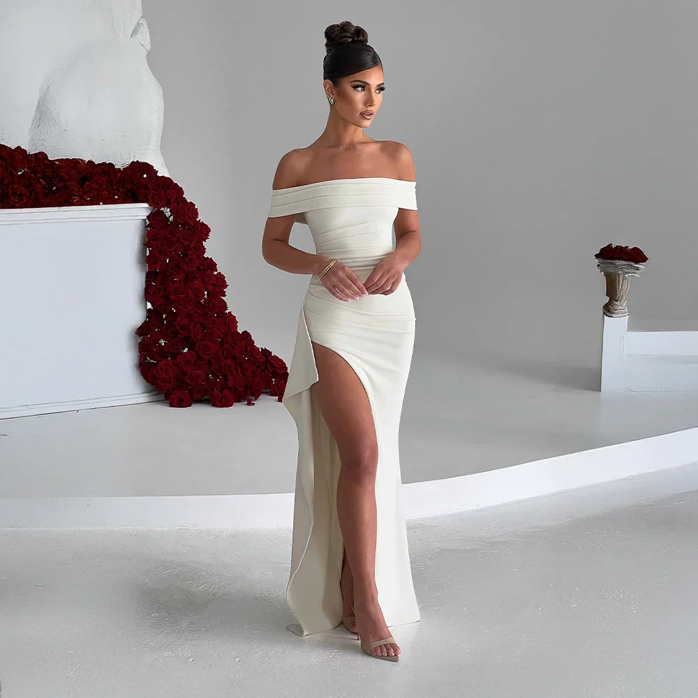 Daniela | Sukienka Maxi Elegancka Odkryte Ramiona Marszczona Rozcięcie Wieczorowa