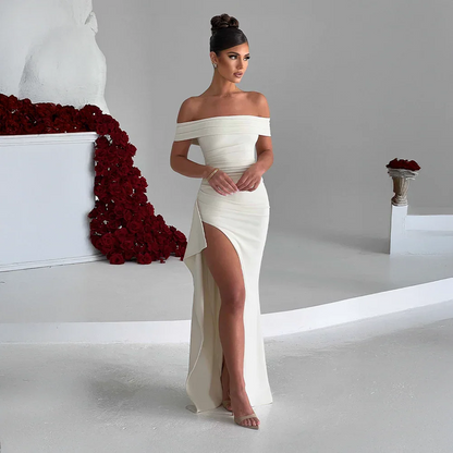 Daniela | Sukienka Maxi Elegancka Odkryte Ramiona Marszczona Rozcięcie Wieczorowa