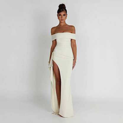 Daniela | Sukienka Maxi Elegancka Odkryte Ramiona Marszczona Rozcięcie Wieczorowa
