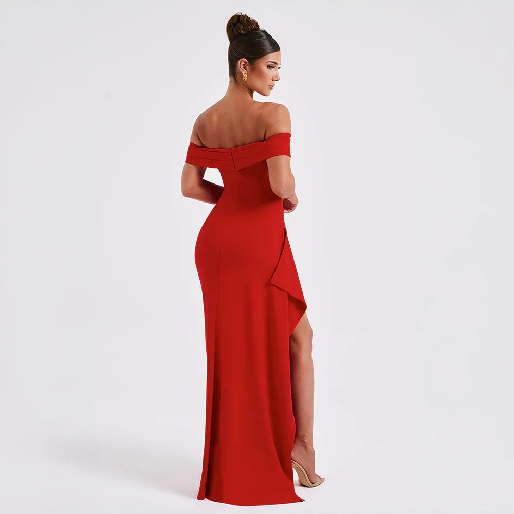 Daniela | Sukienka Maxi Elegancka Odkryte Ramiona Marszczona Rozcięcie Wieczorowa