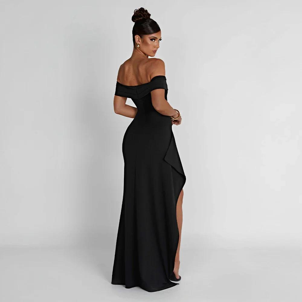 Daniela | Sukienka Maxi Elegancka Odkryte Ramiona Marszczona Rozcięcie Wieczorowa