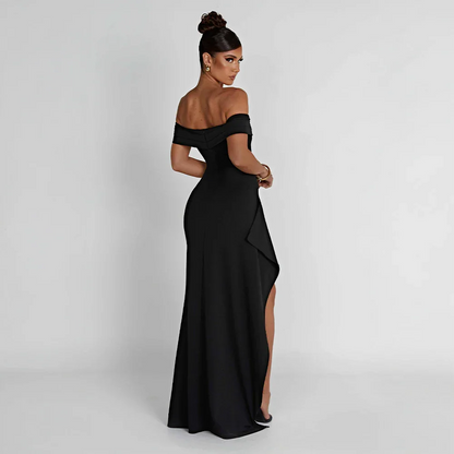 Daniela | Sukienka Maxi Elegancka Odkryte Ramiona Marszczona Rozcięcie Wieczorowa