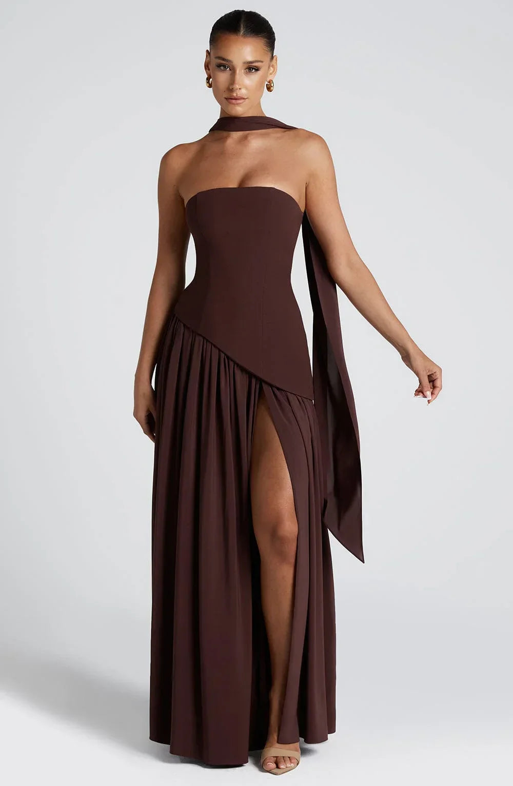 Calista | Sukienka Maxi Elegancka Bez Ramiączek Gorset Szal Rozcięcie