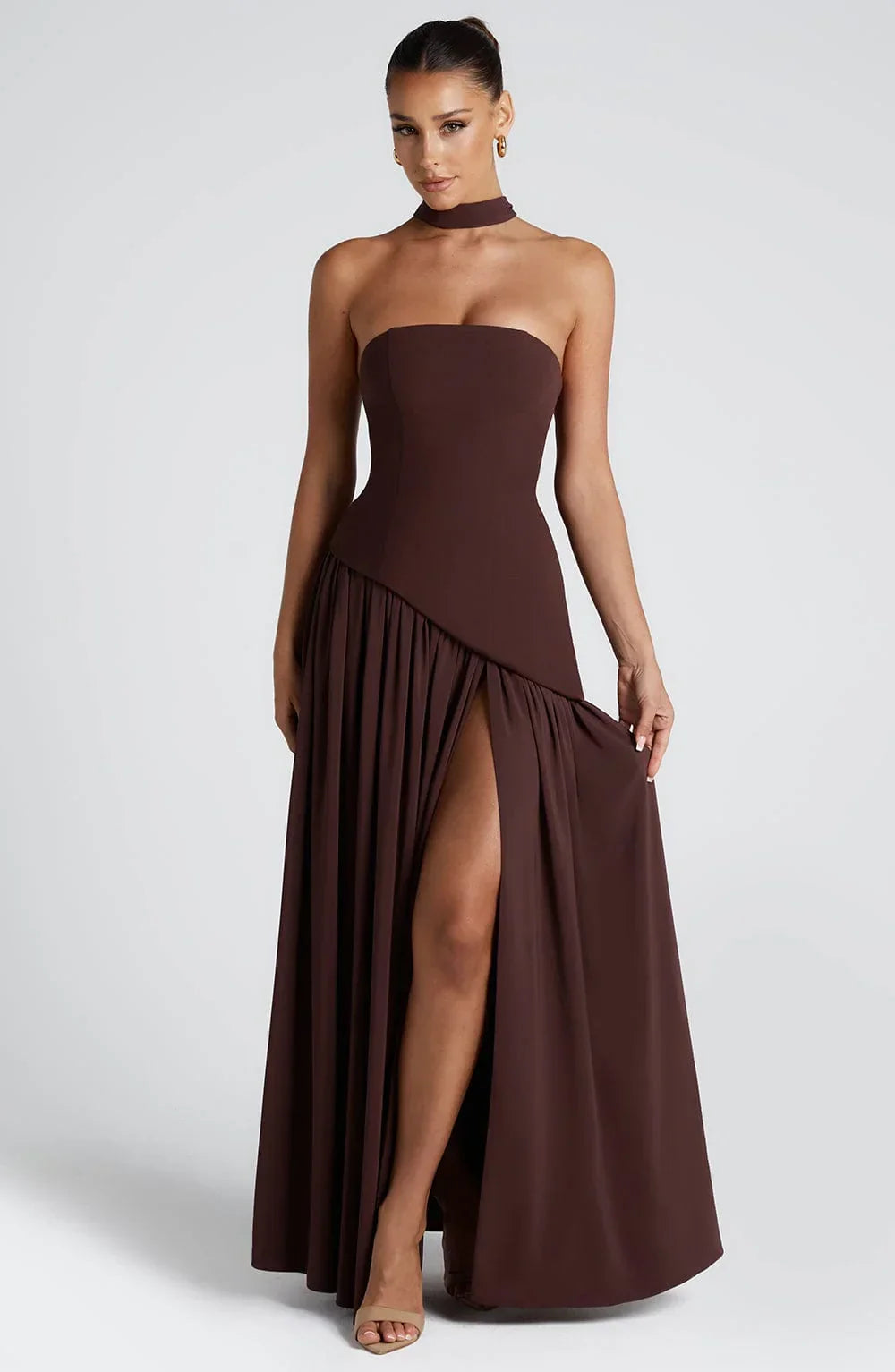 Calista | Sukienka Maxi Elegancka Bez Ramiączek Gorset Szal Rozcięcie