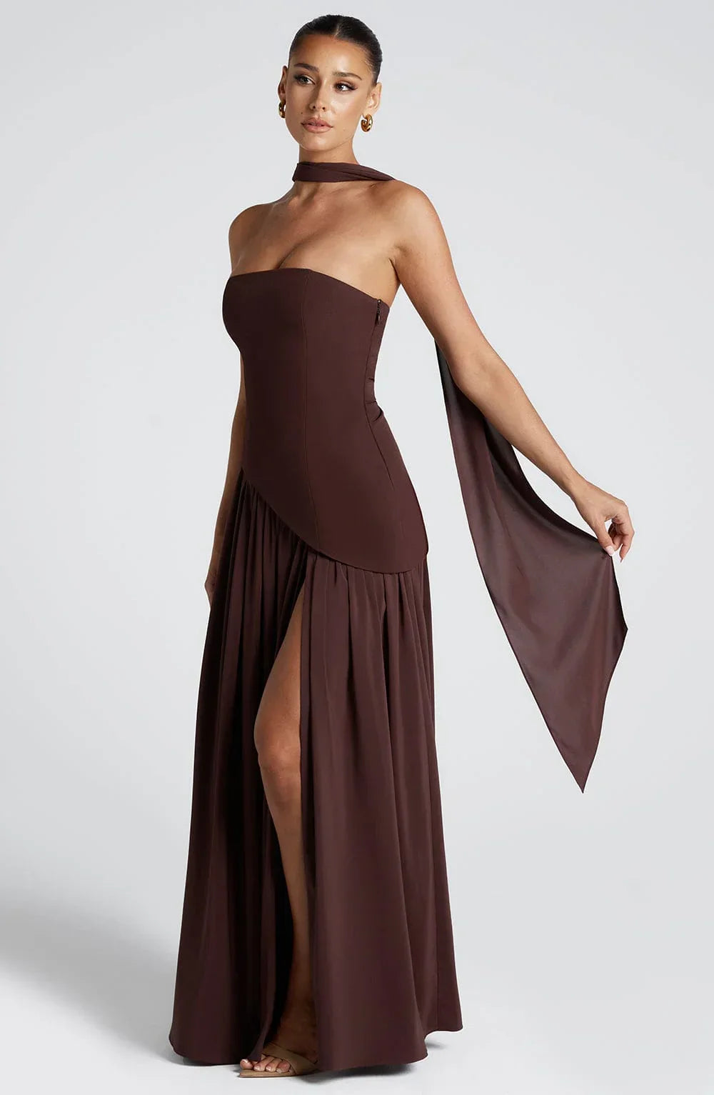 Calista | Sukienka Maxi Elegancka Bez Ramiączek Gorset Szal Rozcięcie