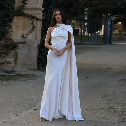 Ottavia | Sukienka Maxi Drapowana Satynowa Jedno Ramię Peleryna Wieczorowa