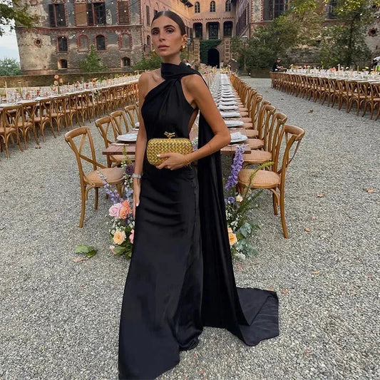 Ottavia | Sukienka Maxi Drapowana Satynowa Jedno Ramię Peleryna Wieczorowa