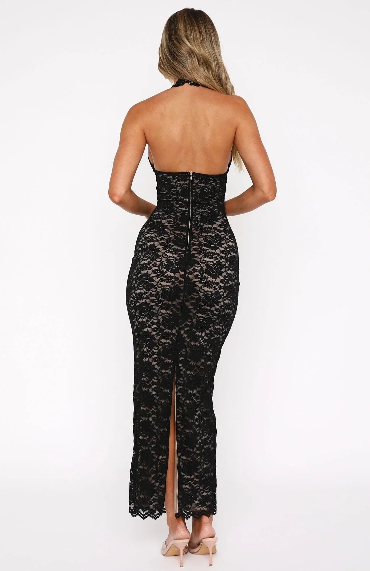 Anatolia | Sukienka Maxi Elegancka Kwiatowa Koronkowa Głęboki Dekolt Halter z Odkrytymi Plecami Wieczorowa