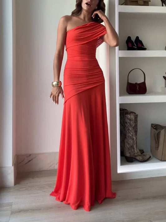 Eliana | Sukienka Maxi Elegancka Jedno Ramię Marszczona Asymetryczna Wieczorowa