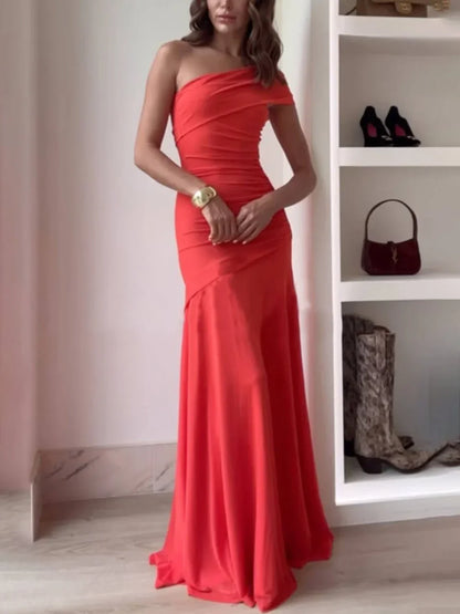 Eliana | Sukienka Maxi Elegancka Jedno Ramię Marszczona Asymetryczna Wieczorowa