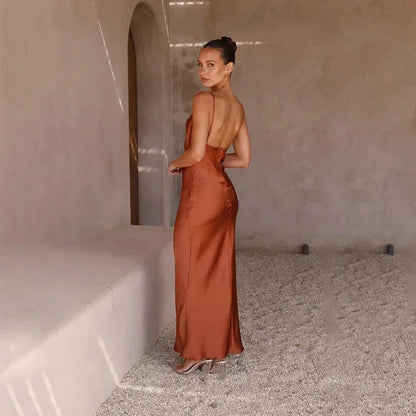 Calliope | Sukienka Maxi Elegancka Satynowa Dekolt Kopertowy Slip Cięcie Skosem Wieczorowa