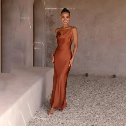 Calliope | Sukienka Maxi Elegancka Satynowa Dekolt Kopertowy Slip Cięcie Skosem Wieczorowa