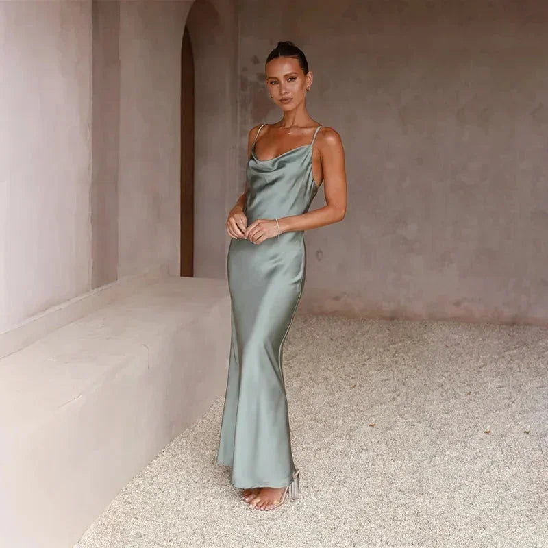 Calliope | Sukienka Maxi Elegancka Satynowa Dekolt Kopertowy Slip Cięcie Skosem Wieczorowa