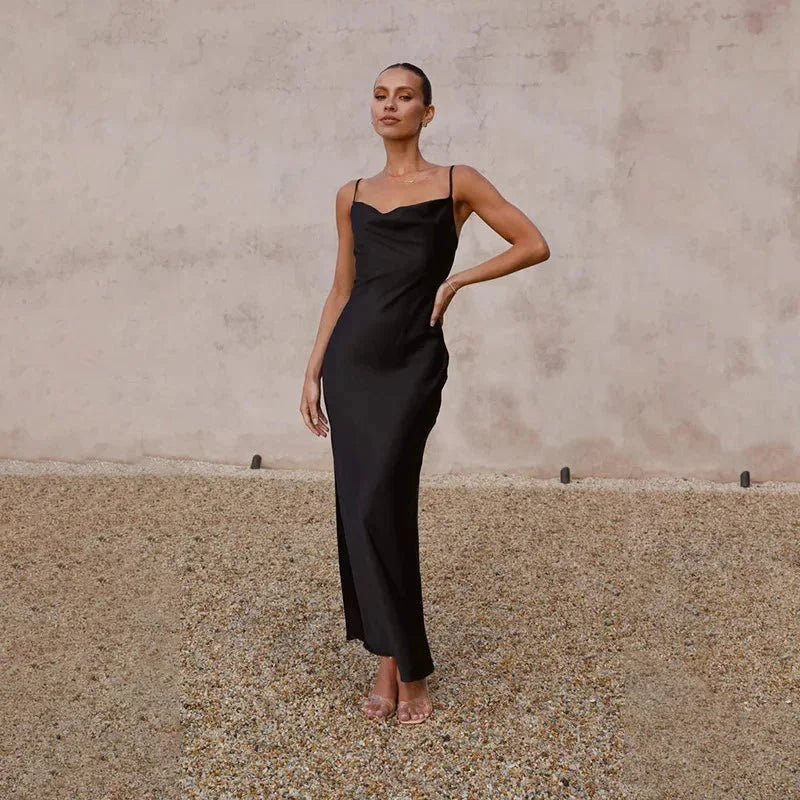 Calliope | Sukienka Maxi Elegancka Satynowa Dekolt Kopertowy Slip Cięcie Skosem Wieczorowa