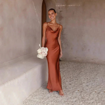 Calliope | Sukienka Maxi Elegancka Satynowa Dekolt Kopertowy Slip Cięcie Skosem Wieczorowa
