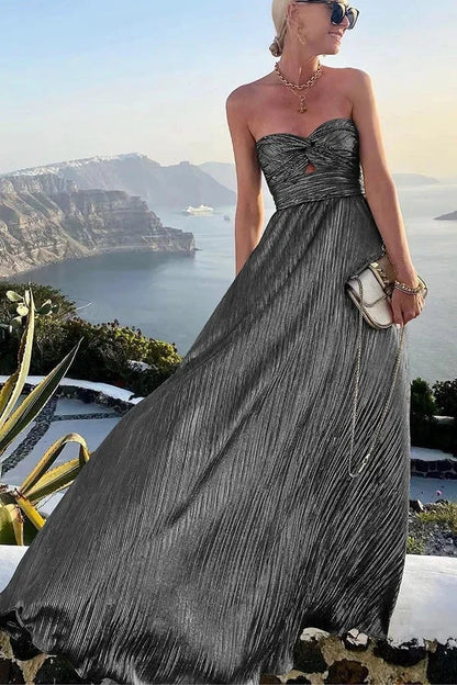 Theodora | Sukienka Maxi Glam Połyskliwa Plisowana Bez Ramiączek Skręcony Detal Wieczorowa
