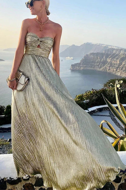 Theodora | Sukienka Maxi Glam Połyskliwa Plisowana Bez Ramiączek Skręcony Detal Wieczorowa