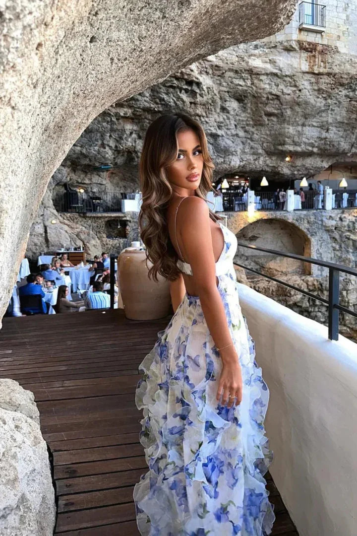 Lavinia | Sukienka Maxi Boho Falbankowa Wielowarstwowa Rozcięcie Zwiewna Plażowa Letnia