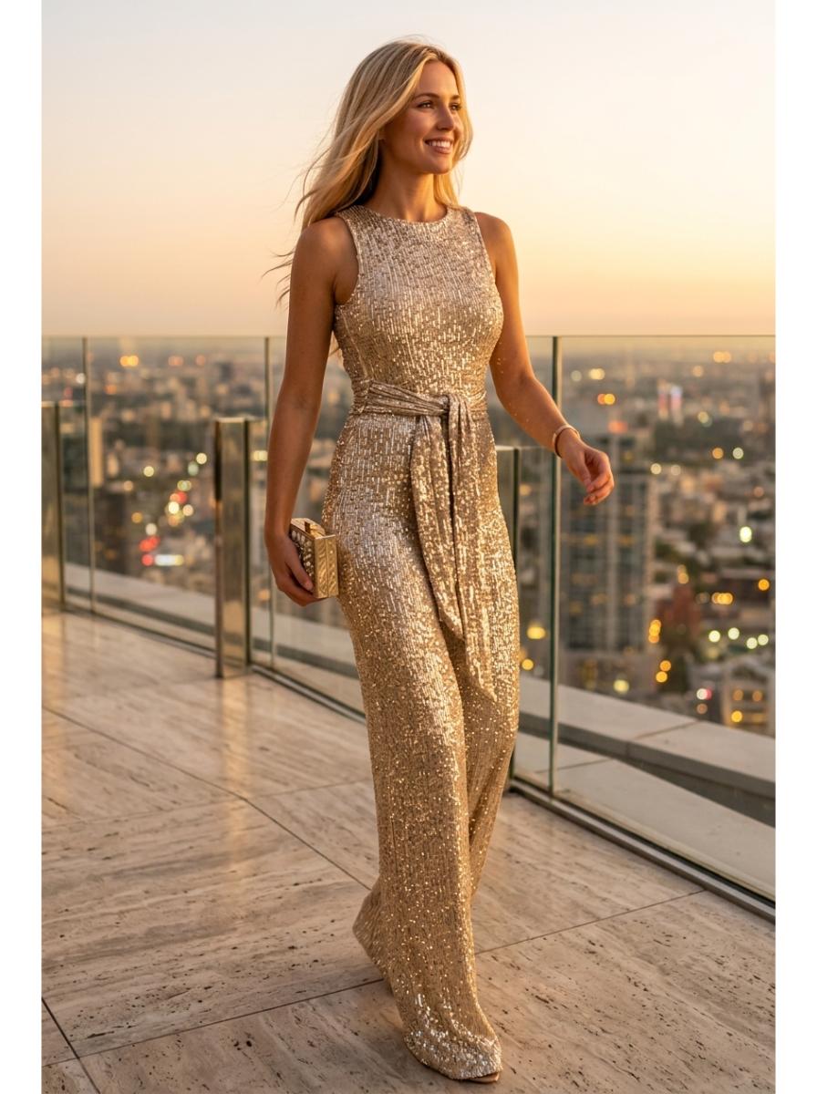 Elegant Gold Sequin Jumpsuit - Hero Rooftop Sunset