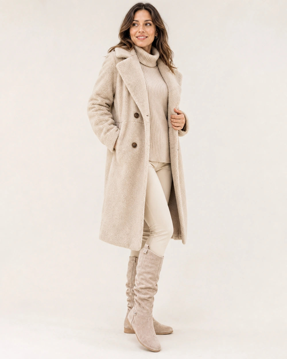 Women's beige slouch knee-high winter boots, hero view.