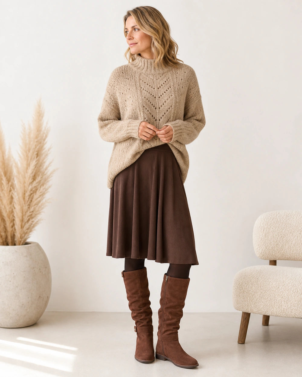Women's brown slouch knee-high winter boots, hero view.