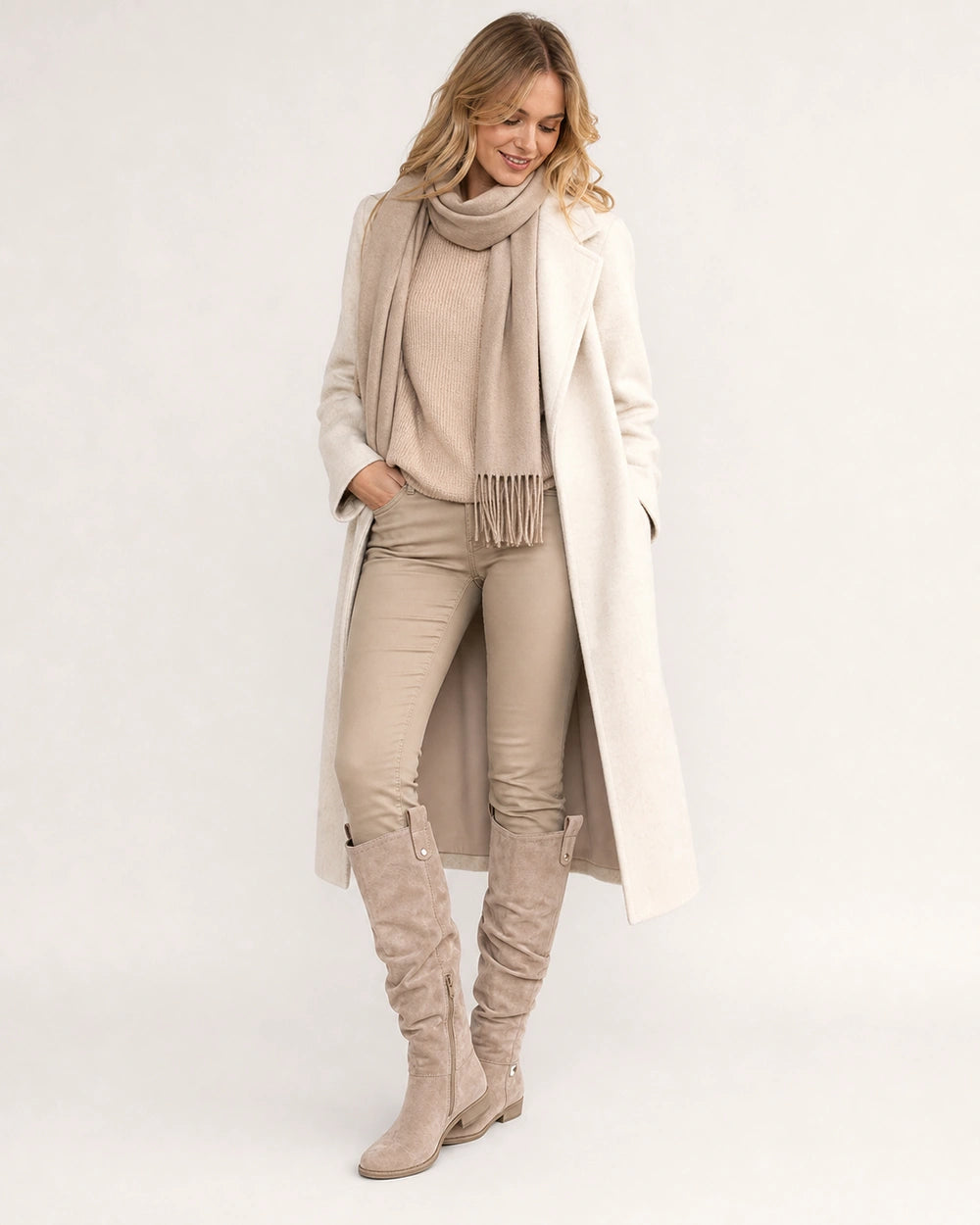 Women's khaki slouch knee-high winter boots with a very low wedge sole, hero view.