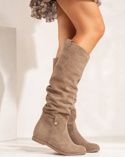Women's khaki slouch knee-high winter boots, lateral profile.