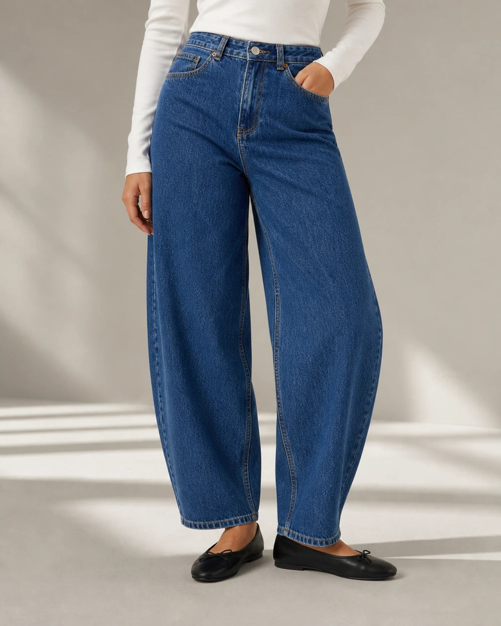 Damskie jeansy barrel z wysokim stanem, średni niebieski — image