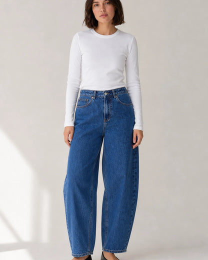 Damskie jeansy barrel z wysokim stanem, średni niebieski — image