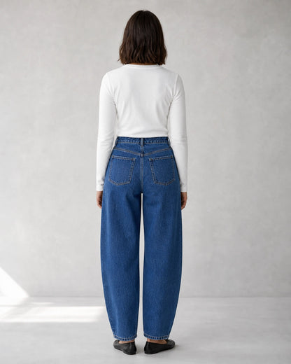 Damskie jeansy barrel z wysokim stanem, średni niebieski — image