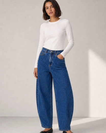 Damskie jeansy barrel z wysokim stanem, średni niebieski — image